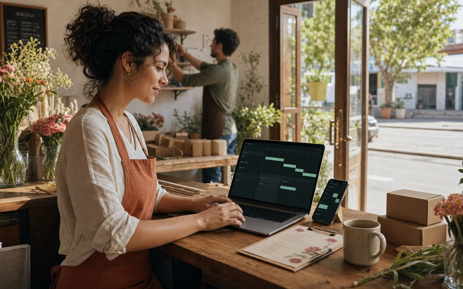 Adult woman managing a shop opening timeline on a laptop in a flower and coffee shop