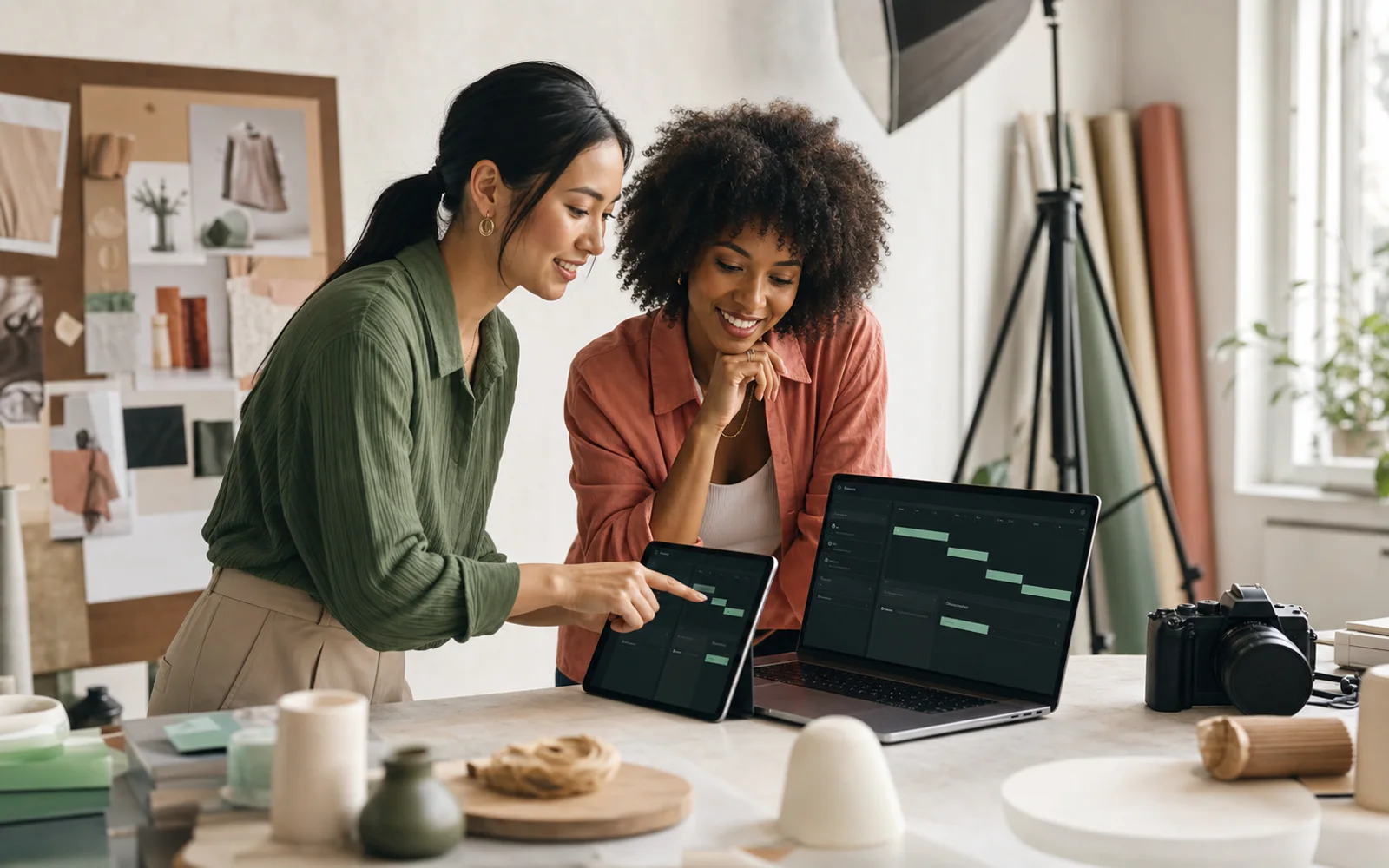 Two adult women reviewing a campaign timeline on a tablet and laptop in a photography studio